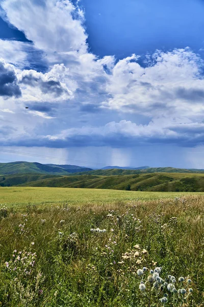 Прекрасний панорамний повітряних літній подання на заході до гори Bukhtarma у долині річки Іртиша, Східної Казахстан — стокове фото