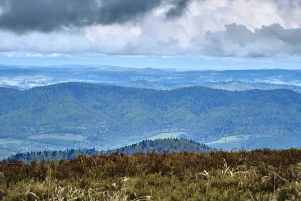 Ein wunderschöner geheimnisvoller Blick auf den Wald im Bieszczady-Gebirge (Polen) an einem nebelverregneten Frühlingstag, die Natur ist einsam - ohne Menschen — Stockfoto