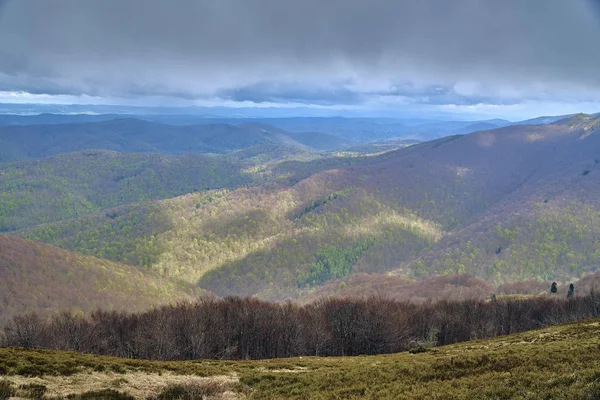 Piękny panoramiczny widok na las w Bieszczadach (Polska) na mglisty deszczowy wiosenny dzień maja, natura jest samotna-bez ludzi — Zdjęcie stockowe