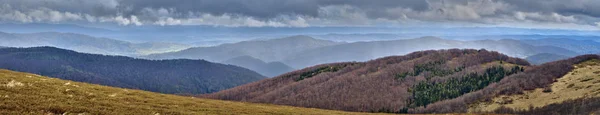 A beautiful panoramic mysterious view of the forest in the Bieszczady mountains (Poland) on a misty rainy spring May day, nature is lonely - without people — Stock Photo, Image