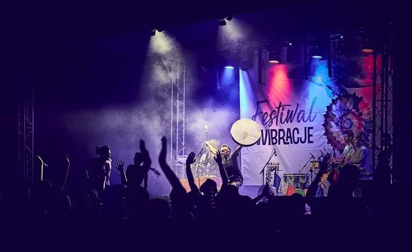 BIALOBRZEGI, POLONIA - 13-15 de julio de 2019: La gente se divierte durante el concierto en el Festival Wibracje 3.0 de Polonia, uno de los festivales al aire libre de mayor conciencia, música y pasión por la vida en Polonia —  Fotos de Stock