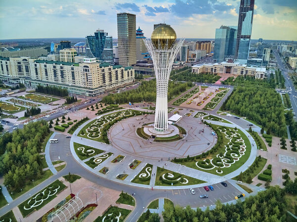 NUR-SULTAN, KAZAKHSTAN - July 29: Beautiful panoramic aerial drone view to Nur-Sultan or Nursultan (Astana) city center with skyscrapers and Baiterek Tower, Kazakhstan (Qazaqstan)