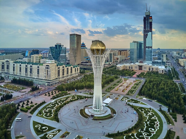 NUR-SULTAN, KAZAKHSTAN - July 29: Beautiful panoramic aerial drone view to Nur-Sultan or Nursultan (Astana) city center with skyscrapers and Baiterek Tower, Kazakhstan (Qazaqstan)