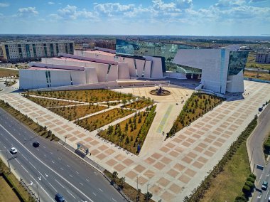 NUR-SULTAN, KAZAKHSTAN - August 11: Beautiful panoramic aerial drone view to Nursultan (Astana) city center with skyscrapers and National Museum of the Republic of Kazakhstan clipart