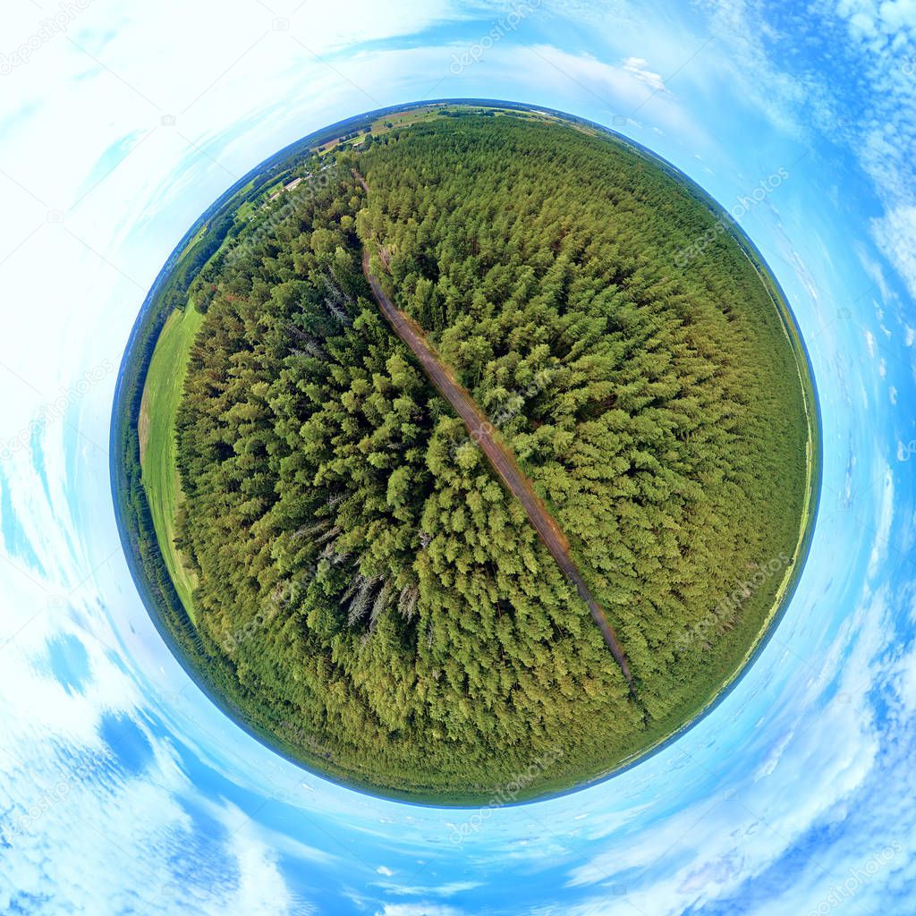 Beautiful 360 panoramic little planet aerial drone view to Bialowieza Forest - one of the last and largest remaining parts of the immense primeval forest that once stretched across the European Plain