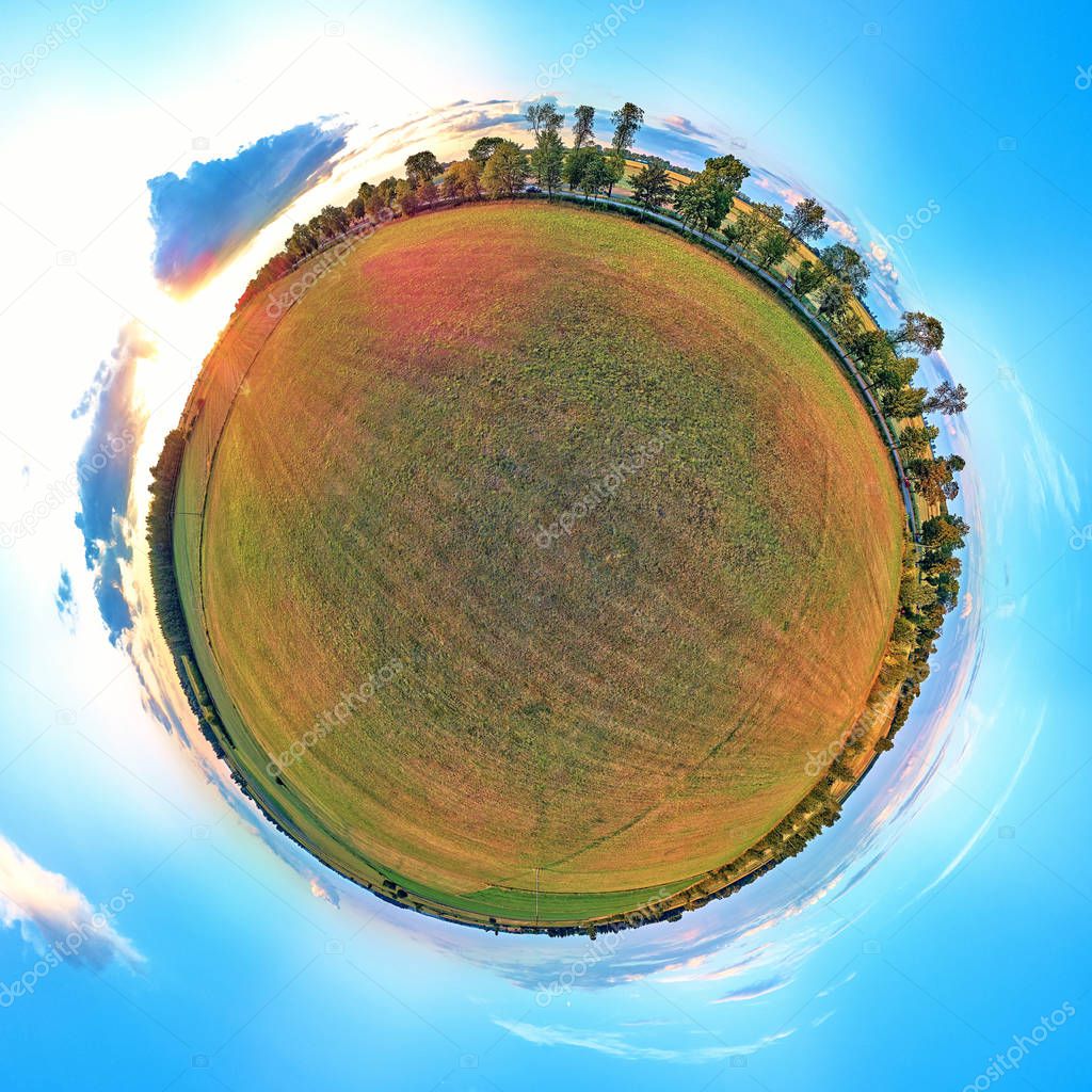 Beautiful 360 panoramic little planet aerial drone view to Bialowieza Forest - one of the last and largest remaining parts of the immense primeval forest that once stretched across the European Plain