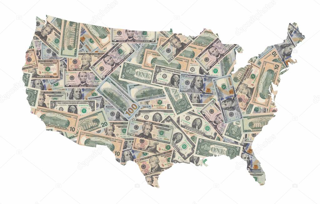 United States of America map formed with american dollars bills isolated on white background