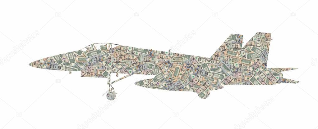 Silhouette of a military plane fighter formed with american dollars bills isolated on white background