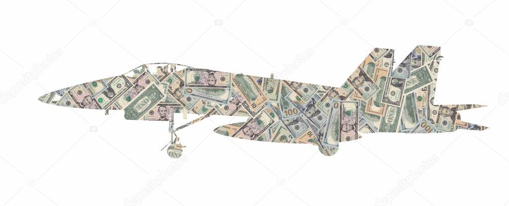 Silhouette of a military plane fighter formed with american dollars bills isolated on white background