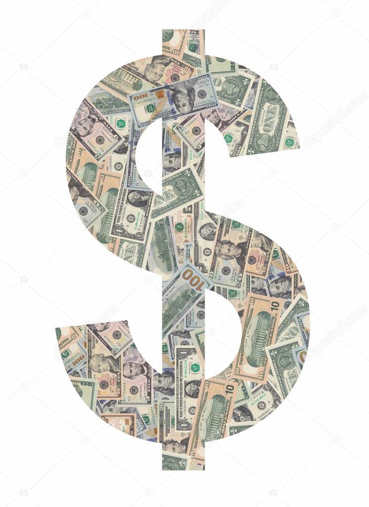 Silhouette of a dollar sign - american currency USD - formed with american dollars bills isolated on white background