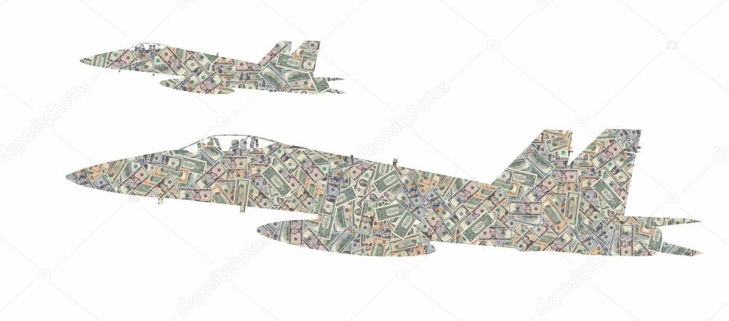 Silhouette of a pair of military aircraft formed with american dollars bills isolated on white background