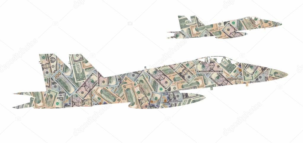 Silhouette of a pair of military aircraft formed with american dollars bills isolated on white background