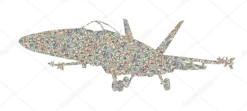 Silhouette of a military plane fighter formed with american dollars bills isolated on white background