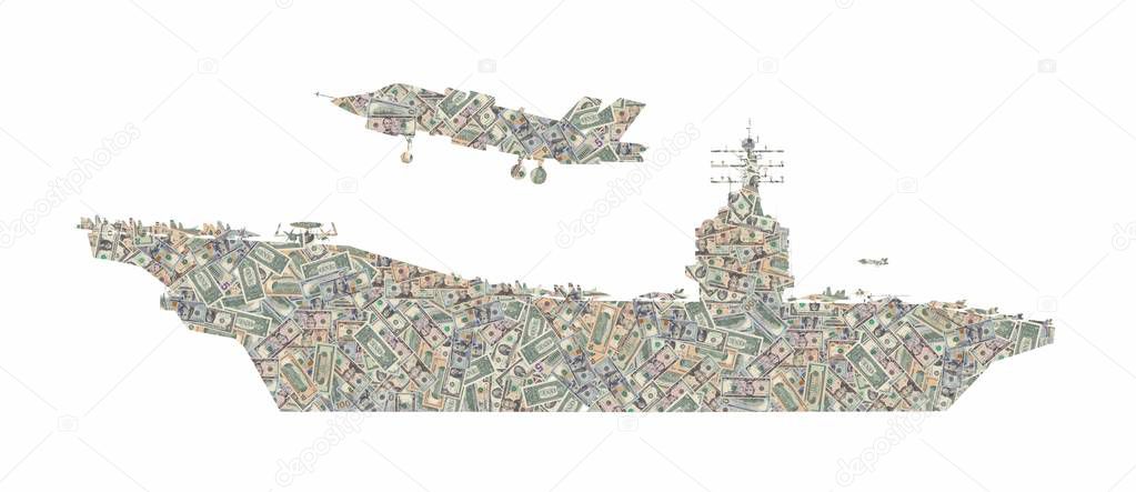 Silhouette of an aircraft carrier with a fighter formed with american dollars bills isolated on white background