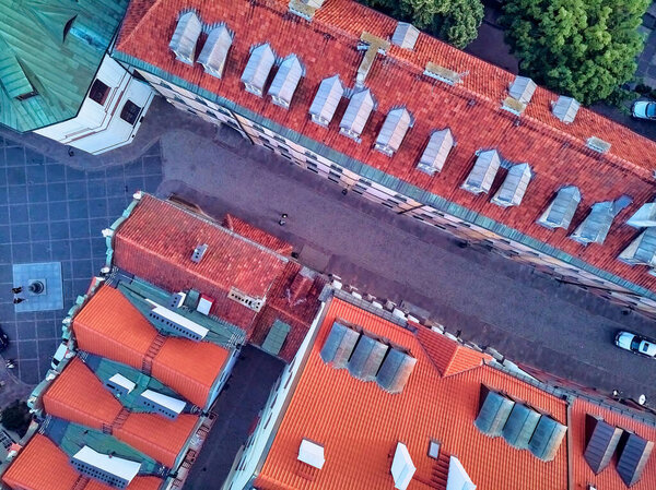 Beautiful panoramic aerial drone view on Warsaw Old town (Stare Miasto) - the oldest district of Warsaw (13th century), Royal Castle, square and the Column of Sigismund III Vasa at sunset, Poland
