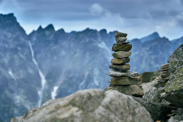 Zen stones, meditation Symbol of peaceful Buddhism. Beautiful view of mountain in National Park High Tatra. northern Slovakia, Europe, EU. Beautiful world.