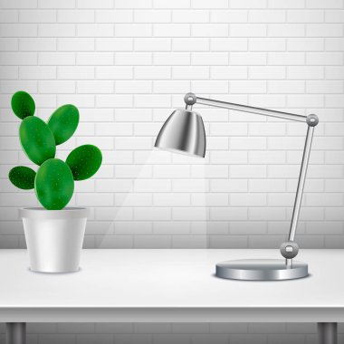 White realistic table with cactus and lamp, textured wall white backgound. Interior design. Template for Object Presentation. Vector Illustration. EPS 10