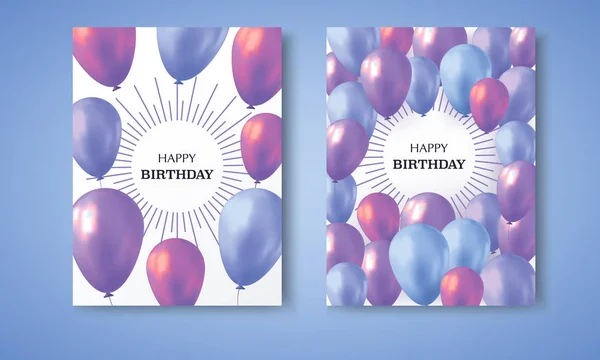 Tarjeta de invitación. Globos realistas azules y violetas llenos de helio sobre fondo azul con texto feliz cumpleaños . — Archivo Imágenes Vectoriales