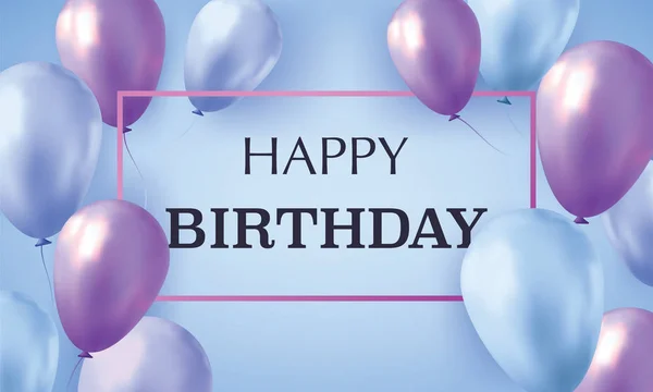 Blaue und violette realistische Luftballons gefüllt mit Helium auf blauem Hintergrund mit dem Text Happy Birthday. Einladungskarte. — Stockvektor
