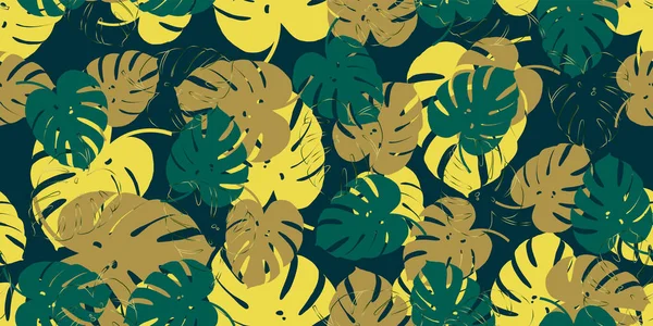 モンスターの葉の背景を持つレトロなモンスター熱帯シームレスベクトルパターン。エキゾチックな壁紙 — ストックベクタ