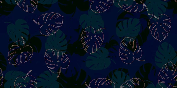 Patrón vectorial inconsútil tropical azul Monstera con fondo de follaje de monstera dorado. Fondo de pantalla exótico — Archivo Imágenes Vectoriales