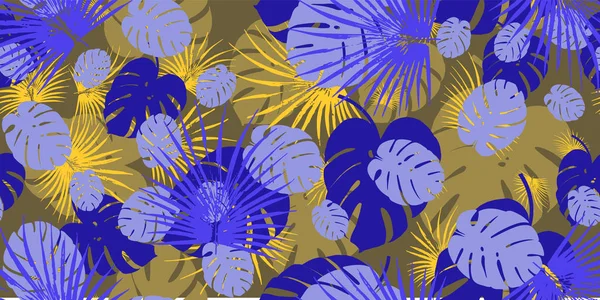 Motif violet monstera tropical vecteur sans couture avec fond de feuillage de la monstère d'or. Papier peint exotique — Image vectorielle