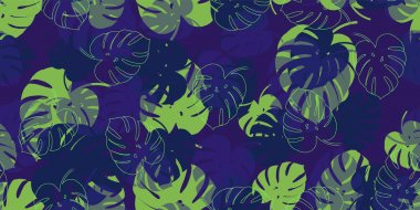 Monstera yeşillik arka plan ile Retro Monstera tropikal Dikişsiz vektör deseni. Egzotik duvar kağıdı