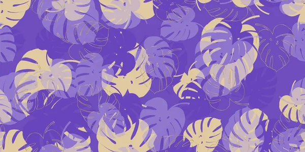 Vetor sem emenda tropical monstera padrão roxo com fundo de folhagem monstera. Papel de parede exótico — Vetor de Stock