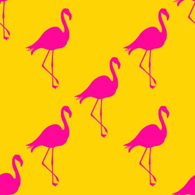 Dikişsiz Flamingo desen vektör illüstrasyon. Magenta flamingolar desen sarı arka plan. Yaz duvar kağıdı arka plan, karikatür vektör illüstrasyon.