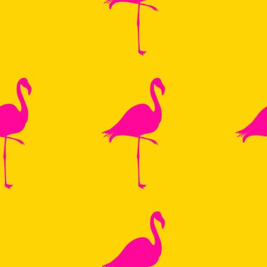Dikişsiz flamingo desen vektör illüstrasyon. Macenta flamingolar sarı arka plan desen. Yaz Duvar Kağıdı Arka Plan, Karikatür