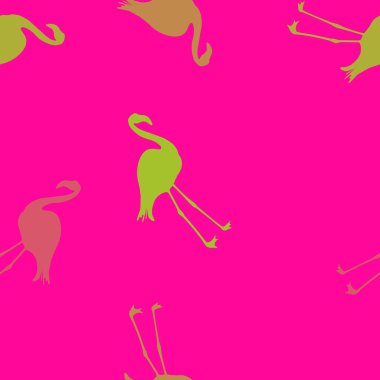 Dikişsiz flamingo desen vektör illüstrasyon. Pembe flamingolar desen neon yeşil arka plan. Yaz Duvar Kağıdı Arka Plan, Karikatür