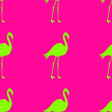 Dikişsiz Flamingo desen vektör illüstrasyon. Pembe flamingolar desen Neon Yeşil arka plan. Yaz duvar kağıdı arka plan, karikatür vektör illüstrasyon.
