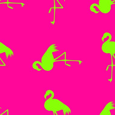 Dikişsiz Flamingo desen vektör illüstrasyon. Pembe flamingolar desen Neon Yeşil arka plan. Yaz duvar kağıdı arka plan, karikatür vektör illüstrasyon.