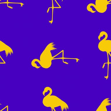 Dikişsiz Flamingo desen vektör illüstrasyon. Sarı flamingolar desen menekşe arka plan. Yaz duvar kağıdı arka plan, karikatür vektör illüstrasyon.