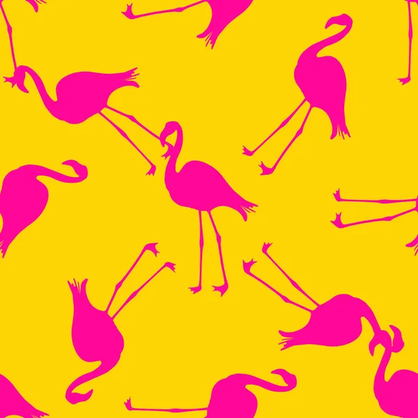 Dikişsiz Flamingo desen vektör illüstrasyon. Magenta flamingolar desen sarı arka plan. Yaz duvar kağıdı arka plan, karikatür vektör illüstrasyon.
