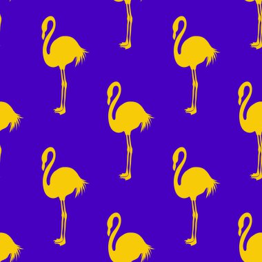 Dikişsiz Flamingo desen vektör illüstrasyon. Sarı flamingolar desen menekşe arka plan. Yaz duvar kağıdı arka plan, karikatür vektör illüstrasyon.