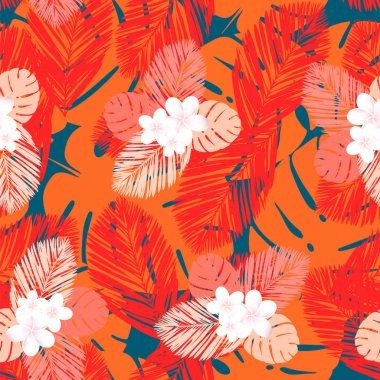 Dikişsiz vektör tropikal desen. Plumeria, Frangipani. Egzotik vektör plaj duvar kağıdı Dikişsiz desen.