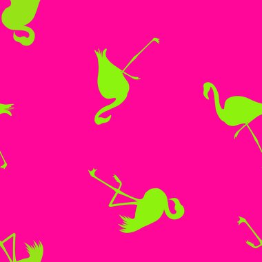Dikişsiz Flamingo desen vektör illüstrasyon. Pembe flamingolar desen Neon Yeşil arka plan. Yaz duvar kağıdı arka plan, karikatür vektör illüstrasyon.