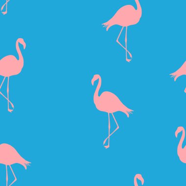 Dikişsiz Flamingo desen vektör illüstrasyon. Neon flamingolar model mavi arka plan. Yaz duvar kağıdı arka plan, karikatür vektör illüstrasyon.