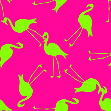 Dikişsiz Flamingo desen vektör illüstrasyon. Pembe flamingolar desen Neon Yeşil arka plan. Yaz duvar kağıdı arka plan, karikatür vektör illüstrasyon.