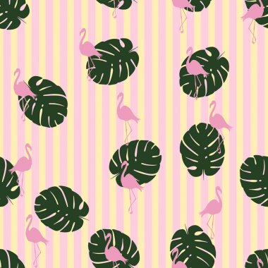 Pastel çizgili vektör tropikal desen. Plumeria, frangipani. Egzotik vektör plaj duvar kağıdı dikişsiz desen.