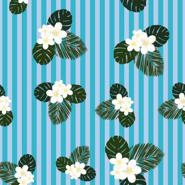 Dikişsiz çizgili vektör tropikal desen. Plumeria, Frangipani. Egzotik vektör plaj duvar kağıdı Dikişsiz desen.