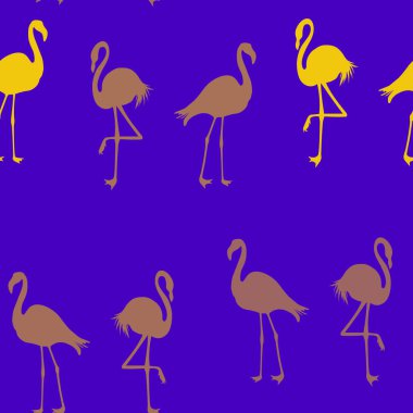 Dikişsiz Flamingo desen vektör illüstrasyon. Sarı flamingolar desen menekşe arka plan. Yaz duvar kağıdı arka plan, karikatür vektör illüstrasyon.