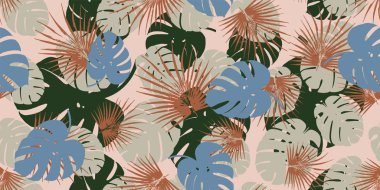 Retro Monstera tropikal Dikişsiz vektör desen altın Monstera 's yeşillik arka plan ile. Egzotik duvar kağıdı