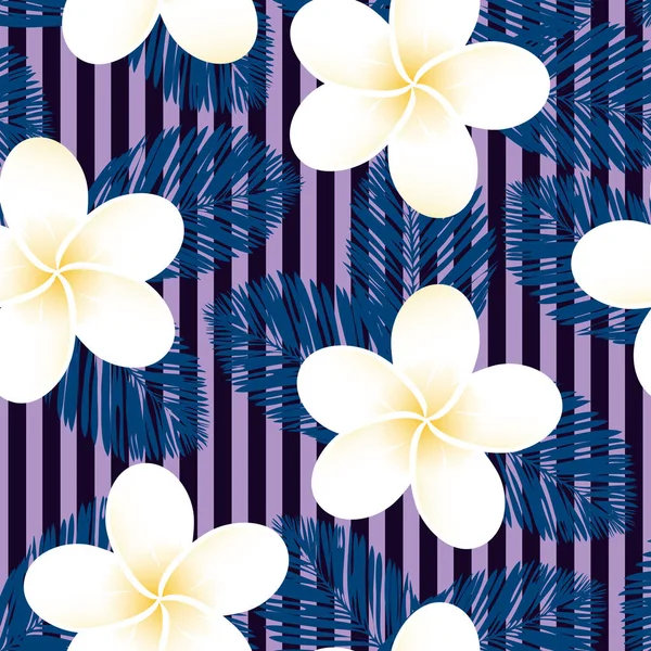 Vetor listrado sem emenda padrão roxo tropical. Plumeria, Frangipani. Seamless vetor exótico praia papel de parede . —  Vetores de Stock