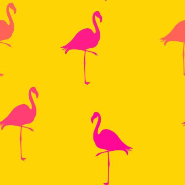 Dikişsiz Flamingo desen vektör illüstrasyon. Magenta flamingolar desen sarı arka plan. Yaz duvar kağıdı arka plan, karikatür vektör illüstrasyon.