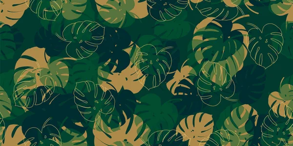 モンスターの葉の背景を持つレトロなモンスター熱帯シームレスベクトルパターン。エキゾチックな壁紙 — ストックベクタ