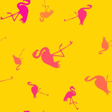 Dikişsiz Flamingo desen vektör illüstrasyon. Magenta flamingolar desen sarı arka plan. Yaz duvar kağıdı arka plan, karikatür vektör illüstrasyon.