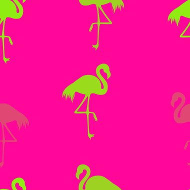 Dikişsiz Flamingo desen vektör illüstrasyon. Pembe flamingolar desen Neon Yeşil arka plan. Yaz duvar kağıdı arka plan, karikatür vektör illüstrasyon.