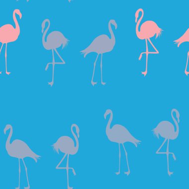 Dikişsiz Flamingo desen vektör illüstrasyon. Neon flamingolar model mavi arka plan. Yaz duvar kağıdı arka plan, karikatür vektör illüstrasyon.
